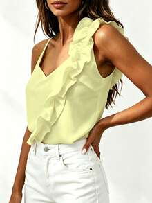 Top casual de tirantes con volantes de color liso nuevo para el verano 2026 - beige - Ver 4