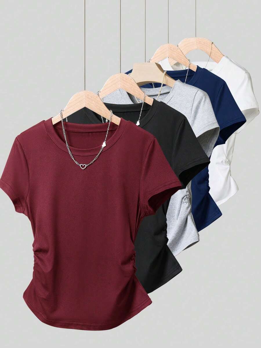Women's Solid Color T-Shirt With Round Neck And Short Sleeves, Fashionable For Summer - 多色 5 - 查看 1
