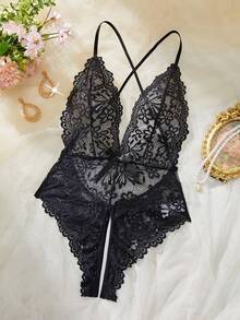 Spicy Aura Floral Lace Scallop Trim Crotchless Teddy Bodysuit Lingerie - 黑色 - 查看 8