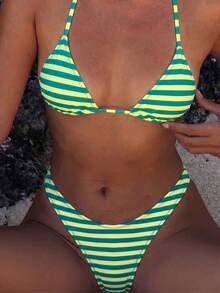Women's Basic Striped Print Swimsuit, Suitable For Various Occasions From Pool To Beach In Summer, Daily Mini Triangle Bikini Beach Outfit Vacation - Dark Green - View 2