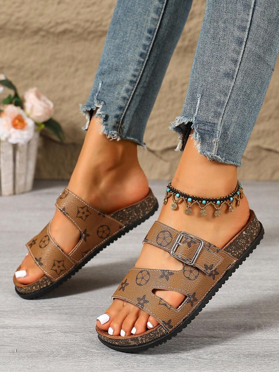 Classic Monogram Print Double Strap Slides, Comfortable Slippers, Retro Casual Slouchy Outdoor Sandals - Brown - View 1