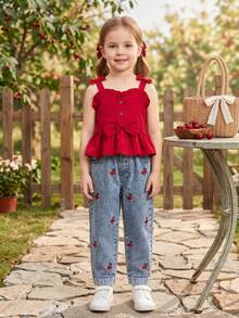 2 pezzi/Set Ragazza giovane all'aperto Minimalista Dolce Carino Energico Moda Vibrante Rosso Fiocco Bottone Cinturino Top e Vintage Distressed Blu Conico Jeans Denim Set - Multicolore - Visualizzare 3