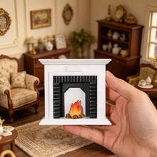 Miniature Realistic White & Black / Natural Wood Fireplace + Flame Ornament Set Model, Miniature Home Living Room Scene Decoration Accessories, DIY Photography Props, Collection Gift For Hobbyists And Enthusiasts - Multicolor - View 4