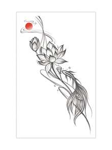 1pc Traditional Chinese Style Sketch-Style Lotus, Koi Fish, Red Sun Combination Pattern Tattoo Sticker, Temporary Tattoo Sticker, Realistic Tattoo Design, Suitable For Travel, Music Festivals, Games, Graduation Gifts, For 3-5 Days - Multicolor - View 4