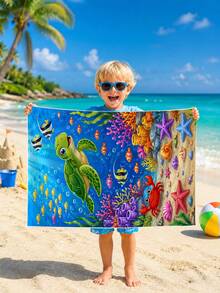 1pc Underwater World Turtle Coral Children's Beach Towel Bath Towel, Microfiber Oversized Beach Blanket, Super Absorbent Bath Towel, Suitable For Travel, Swimming Pool, Diving, Surfing, Yoga, Camping, Multiple Sizes, Beach Accessories, Applicable For Beach, Swimming Pool, Travel, Camping, Yoga - Multicolor - View 9