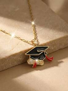 1 pieza Exquisito diseño de gorro de graduación con cinta roja de acero inoxidable y circonita, adecuado para ceremonia de graduación, reunión de clase, temporada de regreso a la escuela y uso diario - Dorado - Ver 5