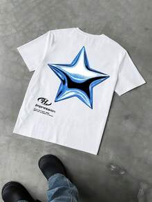 Men's T-Shirt With Star Print, Urban Style, Y2K, Short-Sleeved T-Shirt In Pure Cotton, Modern And Versatile. - White - View 6
