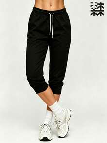 mulinsen Women's Outdoor, Home And Sports 3/4 Pants - Solid Color Minimalist Style, Comfortable Breathable Fabric, Fitted, Suitable For Jogging - Black - View 3