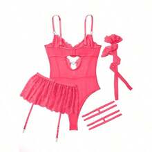 Lilosy Sexy Stocking Rhinestones Heart Garter Underwire Floral Mesh Lace Sheer Babydoll Lingerie Teddy Bodysuit Skirt Set - 玫紅色 - 查看 5