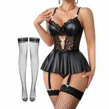 Lilosy Sexy Stocking Rhinestones Heart Garter Underwire Floral Mesh Lace Sheer Babydoll Lingerie Teddy Bodysuit Skirt Set - Leather Black - 查看 1