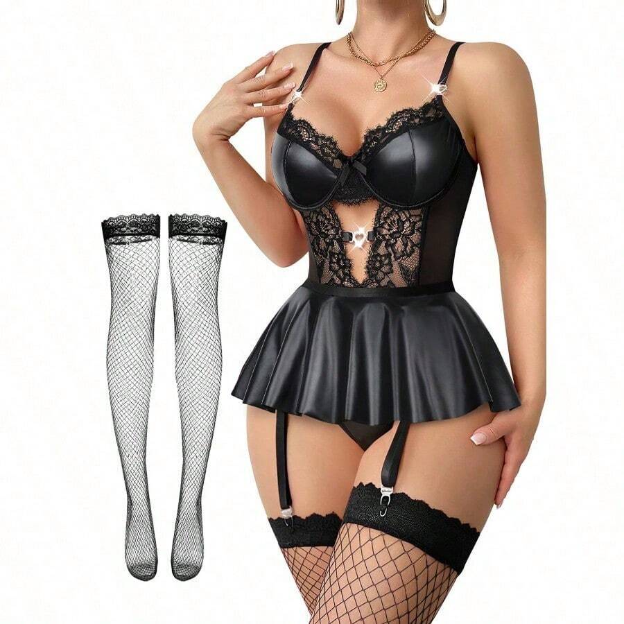 Lilosy Sexy Stocking Rhinestones Heart Garter Underwire Floral Mesh Lace Sheer Babydoll Lingerie Teddy Bodysuit Skirt Set - Leather Black - 查看 1