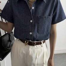 yonghongmaoyi1  Camisa vaquera casual de mujer con cuello de solapa y bolsillos grandes Y2k - Azul lavado oscuro - Ver 1
