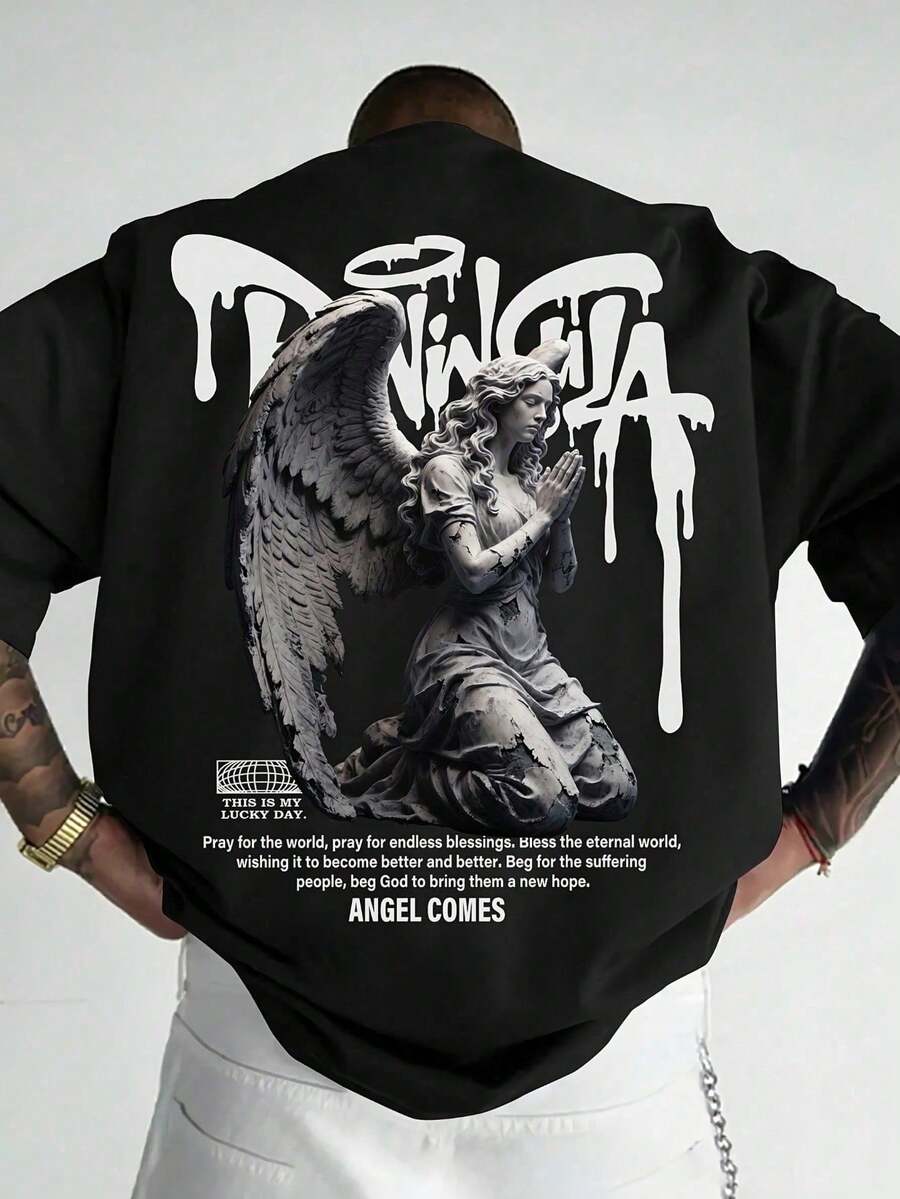Oversized Praying Angel Grunge Streetwear T-Shirt For Men, Graphic Angel With Wings Artistic Street Style Black T-Shirt, Praying Angel Street Studio Mexican Fashion T-Shirt - 黑色 - 查看 1