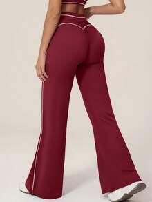 TimeOff Women's 1pc Contrast White Line High Waist Tummy Control Butt Lift Wide Leg Sports Pants - Burgundy - View 3