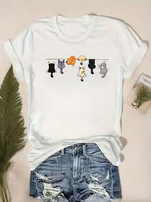Camiseta de manga corta para mujer con estampado de gato adorable - Tela suave de 200g, cuello redondo, lavable a máquina, estilo casual para atuendos informales, moda diaria. |     Estampad - Blanco - Ver 1