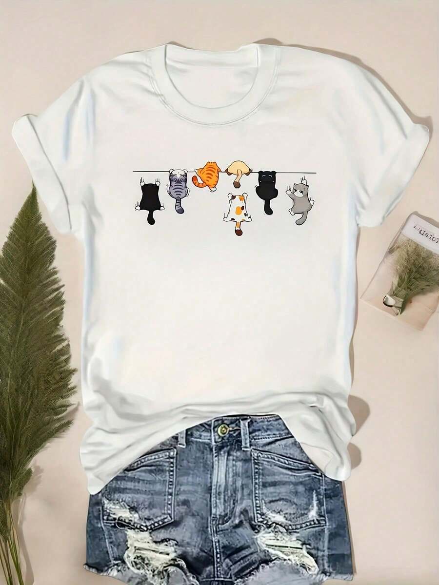 Camiseta de manga corta para mujer con estampado de gato adorable - Tela suave de 200g, cuello redondo, lavable a máquina, estilo casual para atuendos informales, moda diaria. | Estampad - Blanco - Ver 1