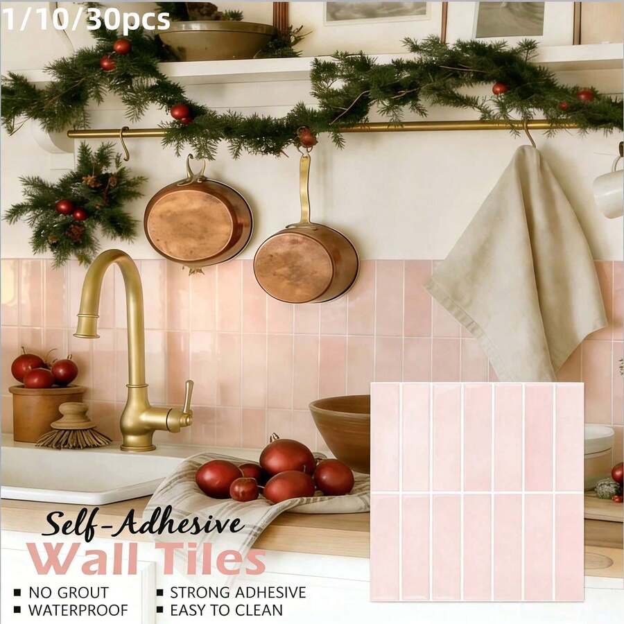 2D Flat Non-3D Self-Adhesive Light Pink Herringbone Style Wall Tiles, Suitable For Bathroom And Kitchen - 1/10/30pcs (Size: 12" * 12"), Waterproof, Oil-Proof, Splash-Proof. Suitable For Kitchen, Bathroom, Rental Unit Renovation, Washroom And Other Indoor Space Wall Decoration. - Baby Pink - View 1