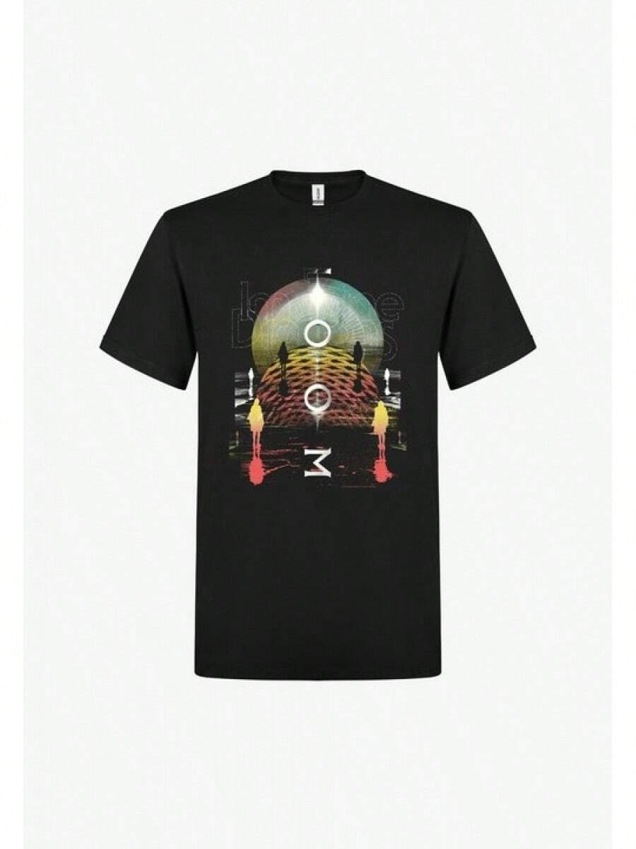 T-shirt noir avec un motif abstrait coloré représentant des silhouettes humaines, t-shirt en coton pour hommes. - Noir - Voir 1