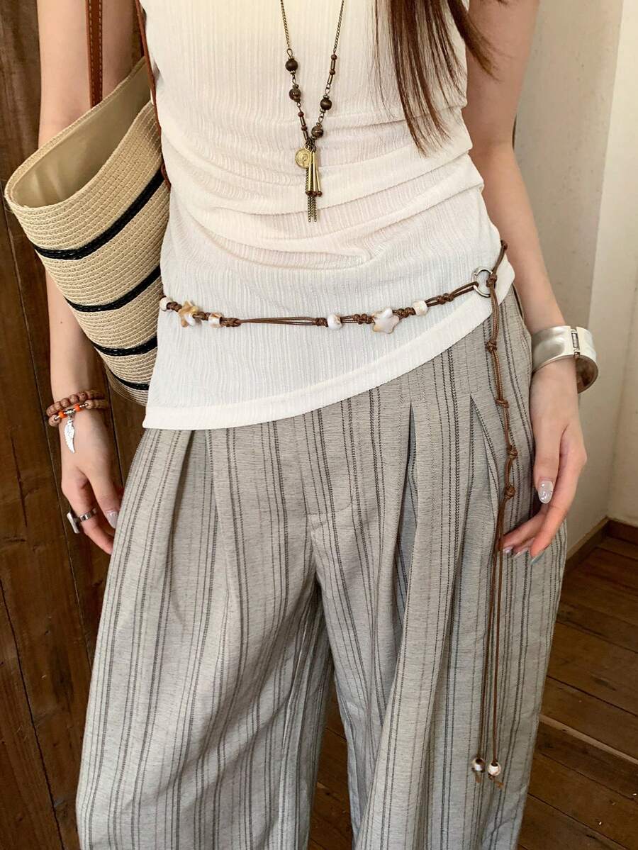 1pc Coffee Brown Polyester Bohemian Beaded Star Decor Waist Rope For Women - Coffee - View 1