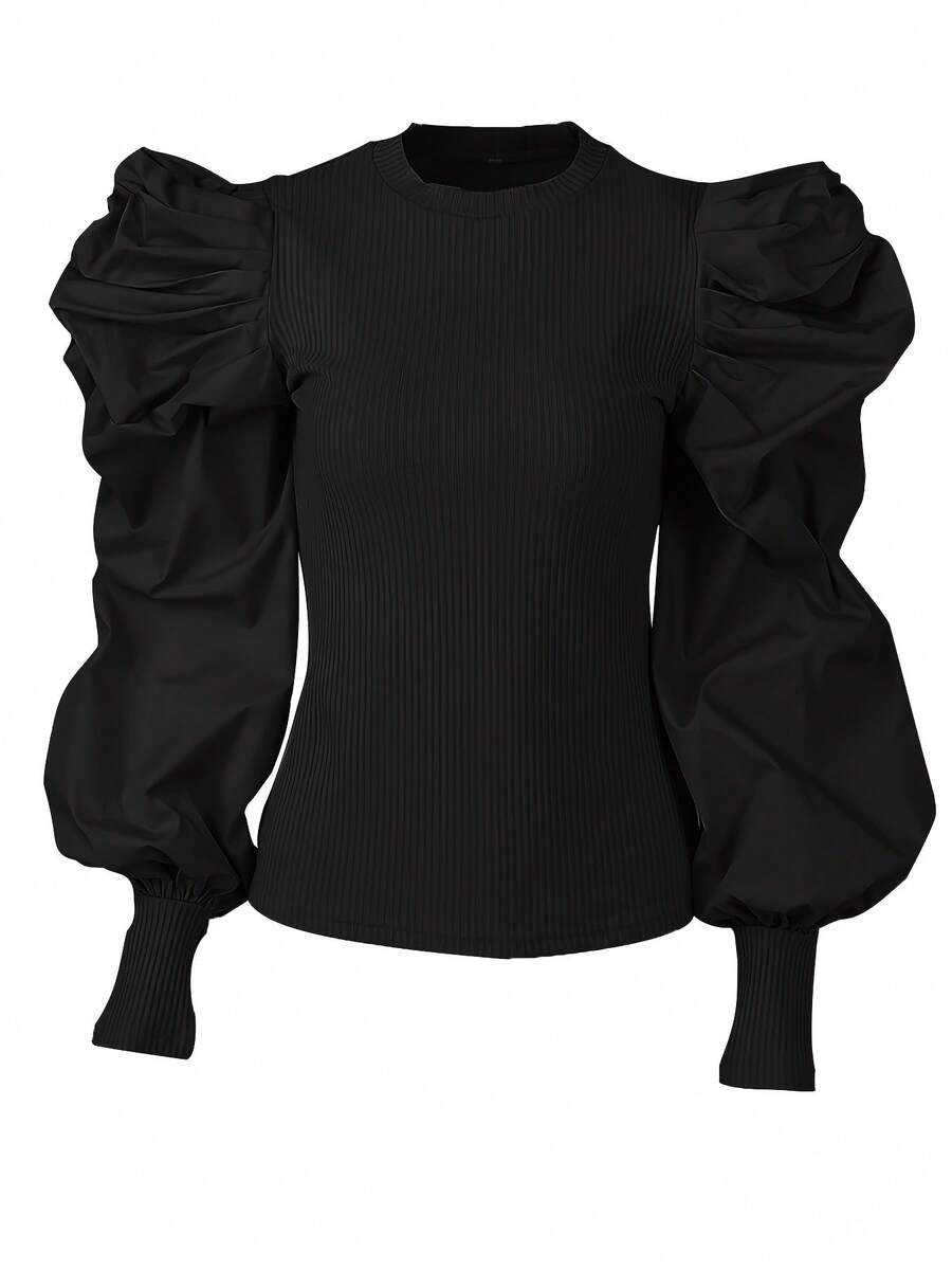 Nuevo modelo 2026:Camisas y suéteres con mangas abullonadas, cuello redondo acanalado y volantes. - Negro - Ver 1