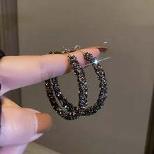 1 Pair Popular Large Hoop Full Rhinestone Elegant Circle Hoop Earrings For Women - Black - View 3