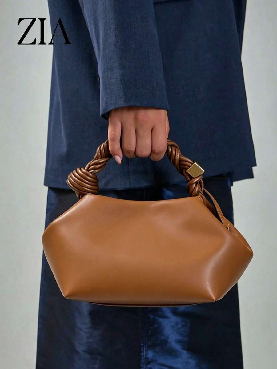 Women's Fashion Woven Knotted Soft Leather Solid Color Cloud Handbag