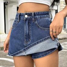 xuehuamaoyi02  ICON Falda mini de mezclilla lavada casual para mujer, verano - Azul lavado oscuro - Ver 7