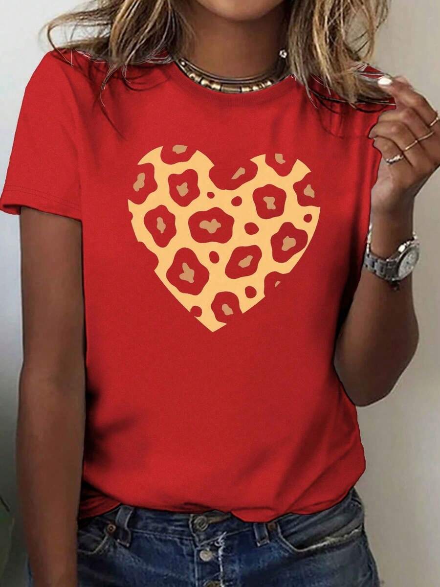 poeselle mujer Camiseta con estampado de corazón de leopardo, 100 % algodón, corte holgado, informal, cómoda y con estampado gráfico único.Suitable for spring, summer and autumn - Rojo - Ver 1