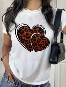 Camiseta estampada con corazón de leopardo y letras LOVE, estilo boho retro aesthetic, manga corta, cuello redondo, verano - Blanco* - Ver 1