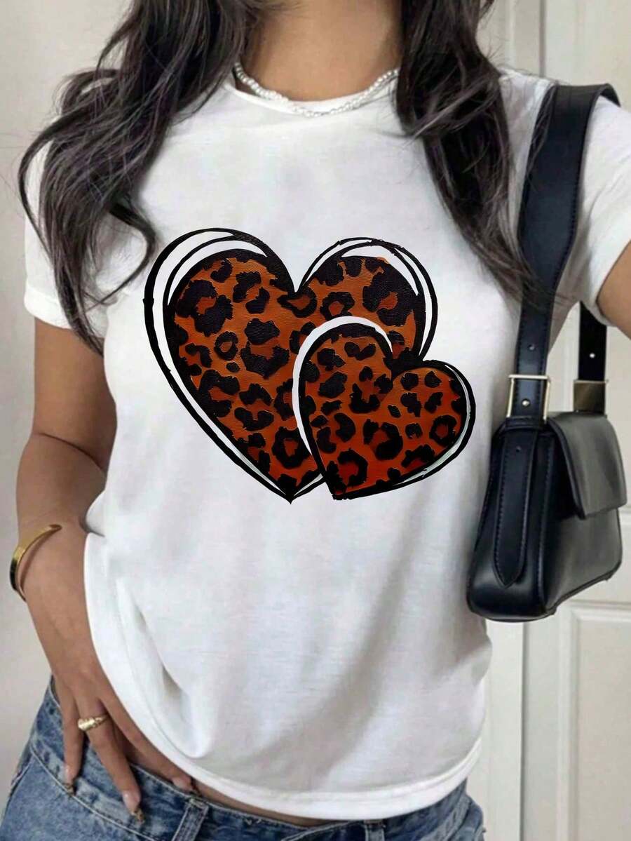 Camiseta estampada con corazón de leopardo y letras LOVE, estilo boho retro aesthetic, manga corta, cuello redondo, verano - Blanco* - Ver 1