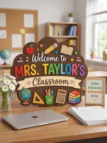 1pc Personalized Custom Teacher Name Classroom Door Sign, Custom Text Design, Cute Themed Welcome Plaque(School Supplies/Flower/Rainbow), Durable Wood Hanger With Rope, Ideal For Classroom Door/Nursery Decor, Thoughtful For Teacher'S Day Gift - Multicolor - View 9