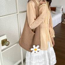 Casual Versatile Crochet Knit Large Capacity Shoulder Bag - Khaki - View 3