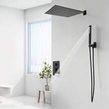 YISSALE Set doccia nero a incasso, soffione a pioggia quadrato 40 x 40 cm, funzionamento a due maniglie, soffione girevole a 360°, tubo flessibile lungo 1,5 m, per bagno, hotel, palestra, appartamento - nero - Visualizzare 3