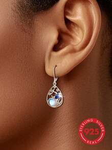 1 Par de Brincos de Prata Esterlina 925 com Tema de Oceano de Verão, com Moonstone Simulado e Cubic Zirconia, Projetado com Tartaruga do Mar e Estrela-do-mar, Adequado para Uso Diário, Viagem, Férias na Praia, Também Ótimo para Presentes de Feriado ou Aniversário - Prata - Visão 2