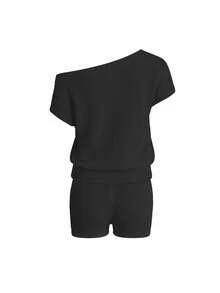 Women's Casual Beach Set - Solid Color Off-Shoulder Knit Top And Straight Leg Shorts, Suitable For Spring And Summer Wear - Black - View 10