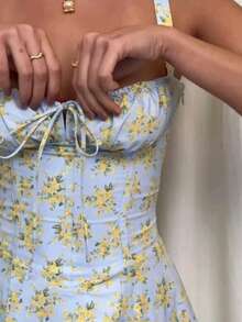 Sexy Women Midi Dress, Corset Bustier Spaghetti Strap Summer Dress With Slit, Floral/Plain Sundress For Vacation Beach Outfit, Party, & Casual Wear - 藍色 - 查看 2