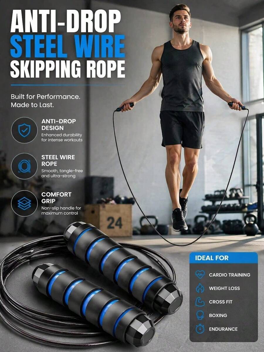 Premium 3M Adjustable Blue Steel Wire Jump Rope For Aerobic Exercise Cardio Training And Slim Body Tangle-Free 360 Ball Bearing Rapid Speed Cable Home Gym Workout Equipment Travel Essential For Men Women Adults - Blue - View 1