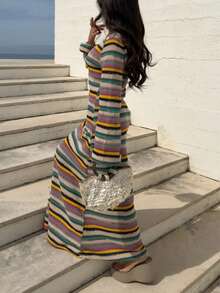 Women's Bohemian Style Striped Deep V-Neck Long Sleeve Knit Rainbow Striped A-Line Elegant Summer Autumn Dress - Multicolor - View 5