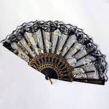 Gothic French Vintage Lace Handheld Folding Fan With Tassel - Elegant Hollow Fabric Fan, Suitable For Wedding Party, Dance Performance, Cosplay And Photography Prop - Black - View 13