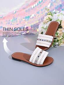 White Braided Girls' Colorful Rhinestone Slide Sandals, Summer Beach Vacation Casual Versatile Beach Shoes - White - View 1