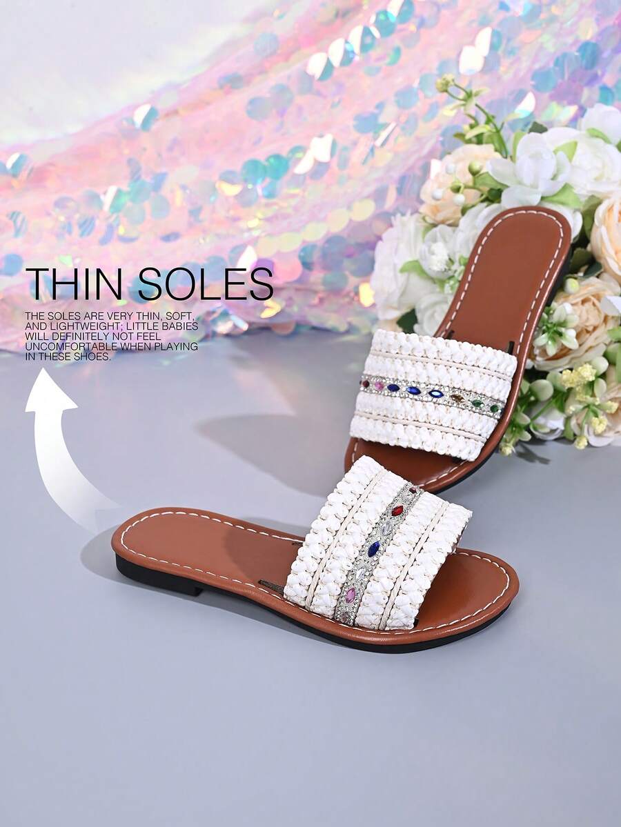 White Braided Girls' Colorful Rhinestone Slide Sandals, Summer Beach Vacation Casual Versatile Beach Shoes - White - View 1