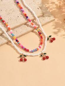 2 piezas Collar de moda dulce y colorido con cuentas de arroz mezcladas, cuentas de arroz blancas, colgante de cereza con cuentas, collar lindo para niñas, collar exquisito de doble capa, adecuado para vacaciones en la playa, uso diario, collar versátil - Multicolor - Ver 3