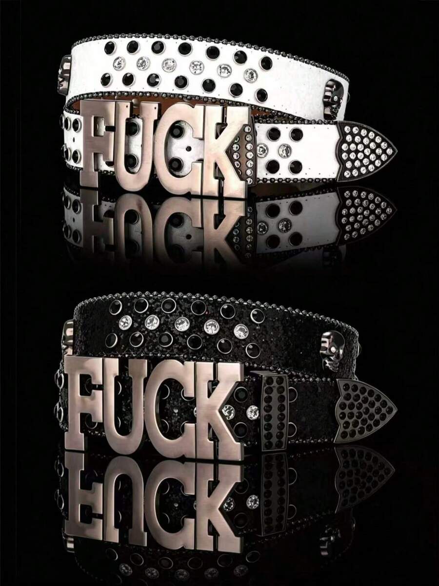1 pieza Cinturón de cuero de unicolor para hombres con hebilla, letra y diamantes de imitación, estilo hip hop punk callejero - Hebilla con letra - Ver 1