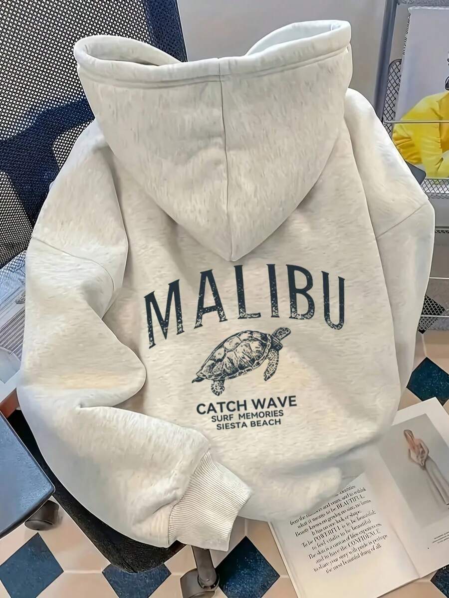 大尺碼女款字母 Malibu 海龜卡通圖案印花時尚薄款連帽長袖休閒運動衫 - 灰色 - 查看 1