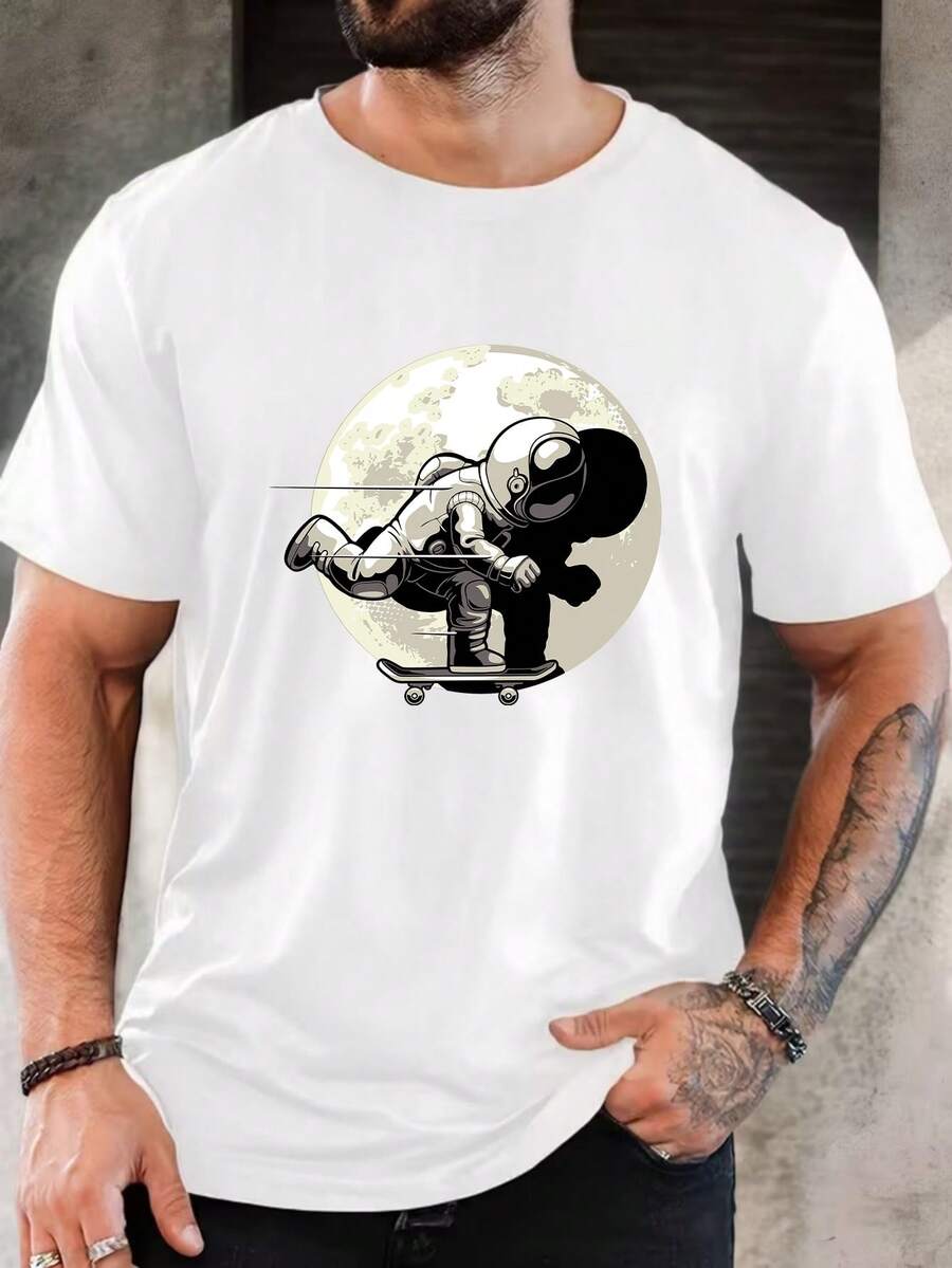 T-shirt casual masculina de manga curta com estampado gráfico de astronauta, skate e lua, presente ideal de Natal e Ano Novo para homens - Branco - Ver 1