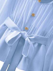 Women's Regular Size, Semi-Sheer Chiffon Top, Solid Color Knit Material, Decorative Gold Metal Buttons, Waist Tie. Elegant And Sexy Chiffon Blouse For Women. - 賽萊斯特 - 查看 1