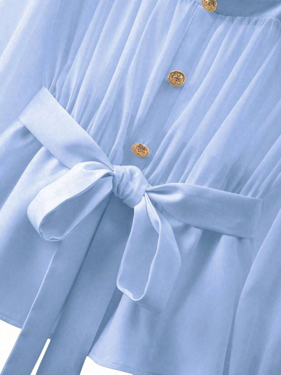Women's Regular Size, Semi-Sheer Chiffon Top, Solid Color Knit Material, Decorative Gold Metal Buttons, Waist Tie. Elegant And Sexy Chiffon Blouse For Women. - 賽萊斯特 - 查看 1