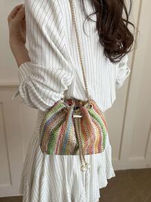 迷你時尚彩色女款水桶包，多功能優雅鏈條斜挎包，適合購物、錢包、購物、年輕女性、大學生、新人、白領職員。完美適用於辦公室、大學、工作、商務、通勤、戶外活動、旅行和出遊。 - 彩色 - 查看 5