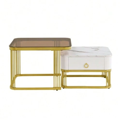 Stackable Coffee Table: Glossy Marble Look, Gold Details, Side Table With Drawers. Set Of Two Pieces. - White 1 - View 1