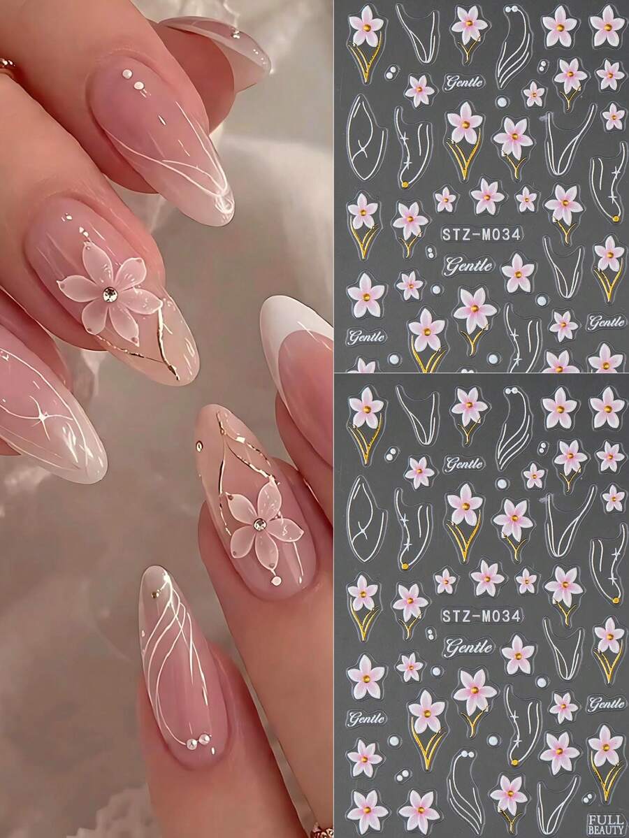 2pcs Embossed Pink Cherry Blossoms Flower French Nail Stickers Elegant Camellia Lily Floral Nail Decals With Golden Lines Wedding Nail Charms Nail Supplies Manicure - Multicolor - View 1